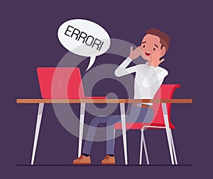 Office male clerk afraid of computer failure, hardware, software error