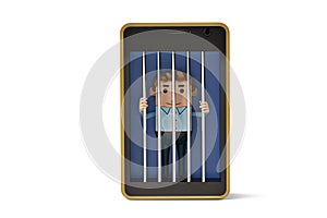 A office man character in mobile phone jail.3D illustration.