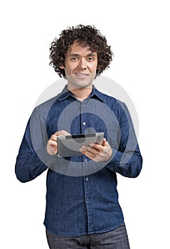Office man with tablet in hands, smiling isolated over white bac