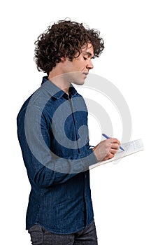 Office man take note with notebook in hands. Isolated over white