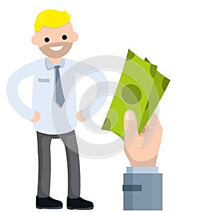 Office man worker in suit and tie. Big hand with green money salaries. successful businessman