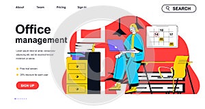 Office management concept for landing page template. Woman doing planning and organization project process. Company workflow