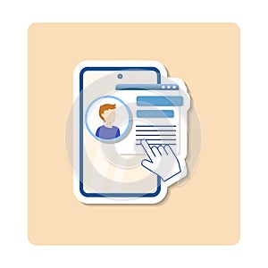 Office management sticker illustration. Man, gear, hand, screen. Editable vector graphic design.