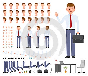 Office manager cartoon character constructor design set. Young adult worker in business clothes with briefcase standing.