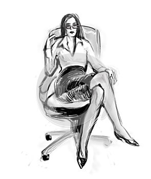 Office manager female 2d sketch. Business woman boss corporative style ink black white illustration photo