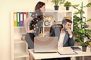 Office manager flirt with boss at workplace, flirting