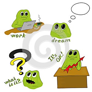 Office manager icon set with green frog t in flat