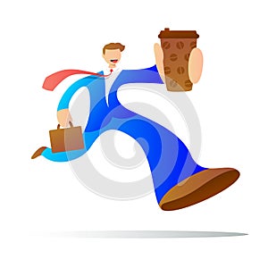 Office manager in suit with necktie walking and drinking coffee. Vector illustration