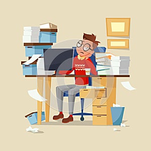Office manager work routine vector illustration of tired frustrated man with documents, computer and coffee