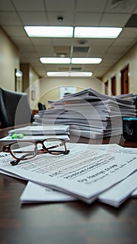 Office meeting room with documents and eyeglasses on conference table