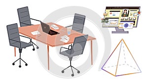 Office Meeting Room Setup with Laptop, Documents, and Digital Collaboration Elements