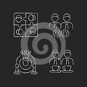 Office members interaction chalk white icons set on dark background