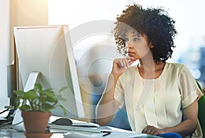 Office, monitor and woman with reading at desk for digital email, communication and feedback. Employee, journalist and