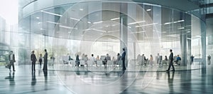 Office Motion Blurred Business People in Dynamic White Glass Background. Generative AI