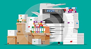 Pile of paper documents and printer