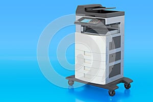 Office multifunction printer MFP on blue background, 3D rendering