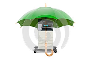Office multifunction printer MFP under umbrella. 3D rendering