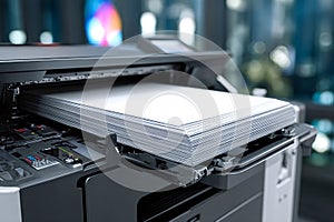 Office printer loading stack of white paper for copying