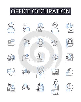 Office occupation line icons collection. Classroom learning, Business venture, Social gathering, Romantic rendezvous