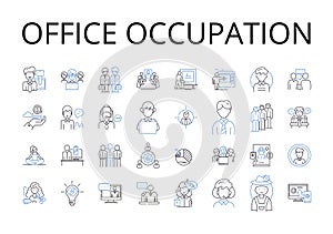 Office occupation line icons collection. Classroom learning, Business venture, Social gathering, Romantic rendezvous