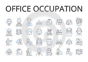 Office occupation line icons collection. Classroom learning, Business venture, Social gathering, Romantic rendezvous