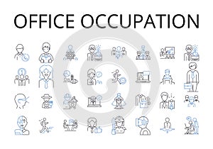 Office occupation line icons collection. Classroom learning, Business venture, Social gathering, Romantic rendezvous