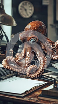 Office octopus juggling tasks on a wooden desk photo