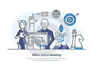 Office online meeting business communications, workflow web banner. Business people conferencing, working on project,