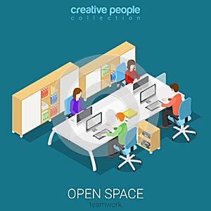 Office open space room workplace flat vector isometric interior