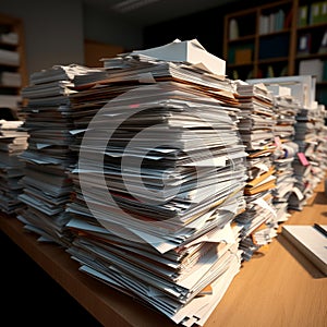 Office organization Neat stacks of paper documents, professional paperwork environment