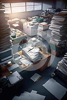 Office overwhelmed by piles of files and paperwork.