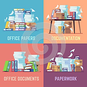 Office paper documents. Routine bureaucracy paperwork, accounting papers pile, stacked office file folders. Flat vector