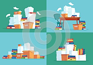 Office paper documents. Work papers pile, document folders and paperwork documentation files stack cartoon vector