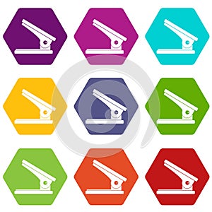 Office paper hole puncher icon set color hexahedron