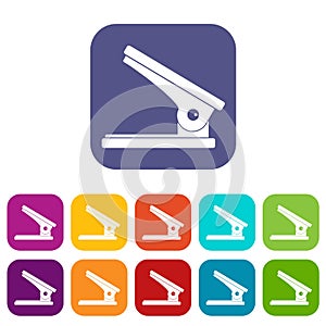 Office paper hole puncher icons set flat