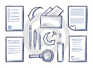 Office Papers and Magnifying Glass Set Vector