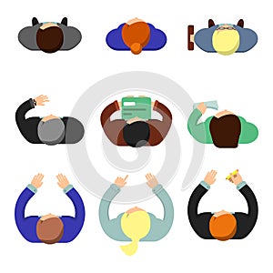 Office people top view. Working managers women and men sitting at the table lifestyle vector flat characters