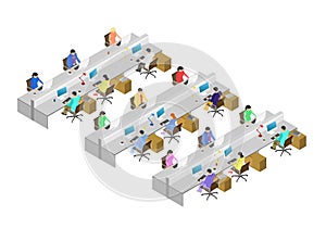 Office with people working on computers. Lots of people sit in chairs and work together. Isometric view. Flat style