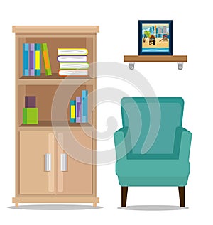 Office place scene with library