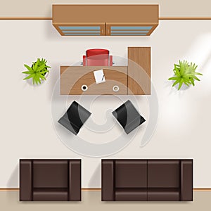 Office plan. Modern business building top view room floors with furniture table desk chairs window wardrobe armchair