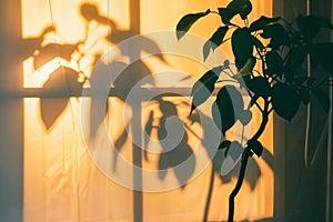office plant shadow on wall, sun setting outside the window