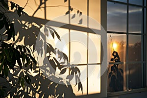 office plant shadow on wall, sun setting outside the window