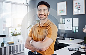 Office portrait, arms crossed and business man, worker or happy for career, job agency or work satisfaction