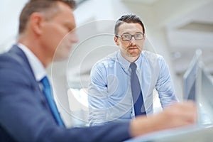 Office portrait, finance team and businessman review digital financial portfolio, stock market database or investment