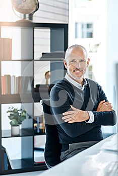 Office, portrait and mature man at desk with confidence, pride and lawyer with business opportunity. CEO, manager and