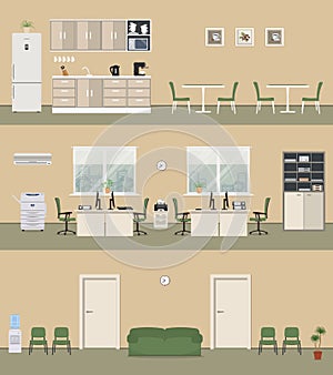 Office premises in a beige color: office room, corridor, office kitchen