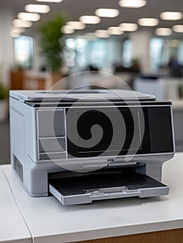 Office printer scanner copier in a modern workspace setting.