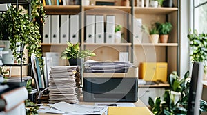 Office printer with stacked papers on desk
