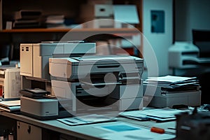 Office printers and copiers on desk in business workspace setting