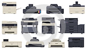 Office professional equipment printer scanner copier machines. Technology office devices, inkjet printer, copier vector